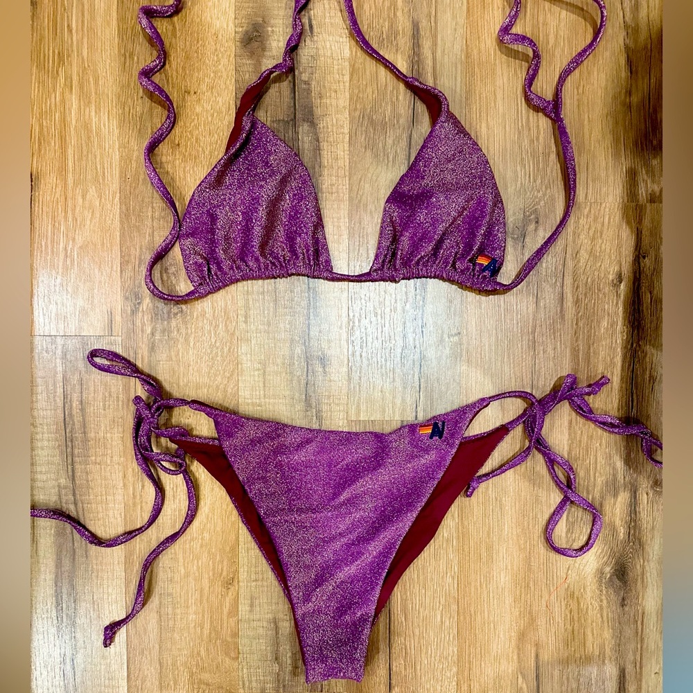 Aviator Nation Purple sparkle turks bikini top and bottom Grape Medium